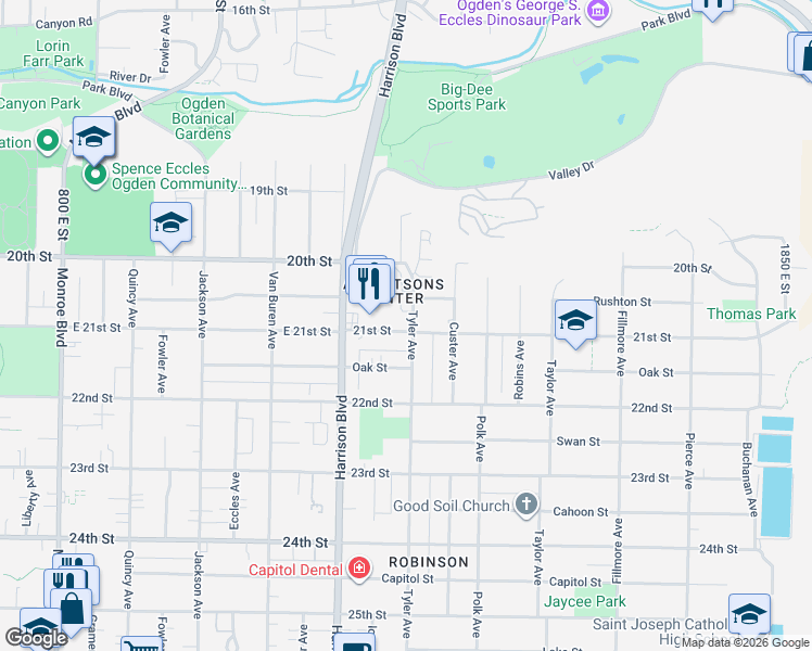 map of restaurants, bars, coffee shops, grocery stores, and more near 2083 Tyler Avenue in Ogden