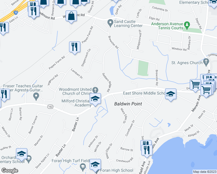 map of restaurants, bars, coffee shops, grocery stores, and more near 17 Settlers Ridge Road in Milford