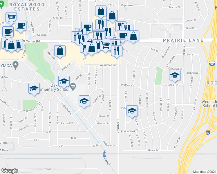map of restaurants, bars, coffee shops, grocery stores, and more near 3208 South 121st Street in Omaha