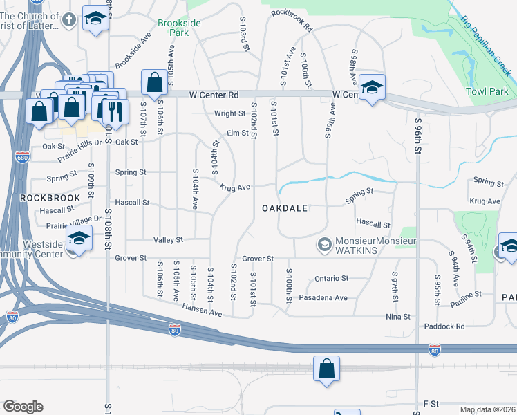 map of restaurants, bars, coffee shops, grocery stores, and more near 3409 South 102nd Street in Omaha