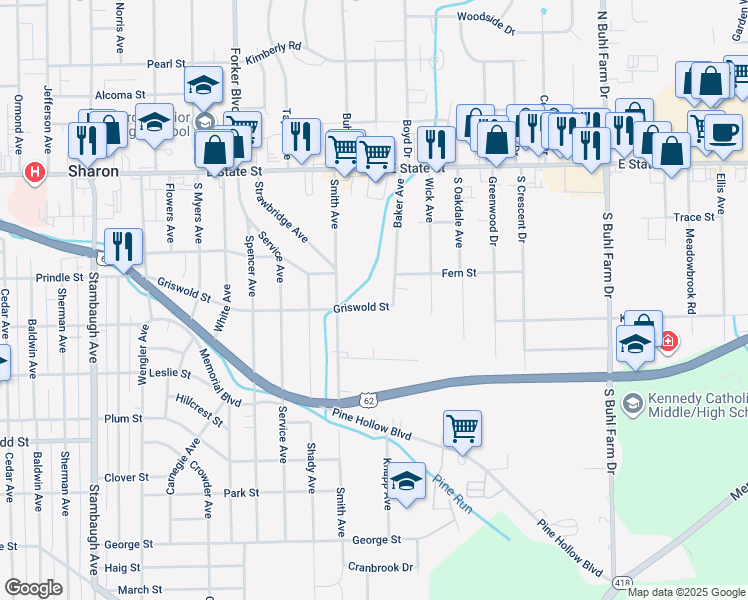 map of restaurants, bars, coffee shops, grocery stores, and more near 1521 Griswold Street in Hermitage
