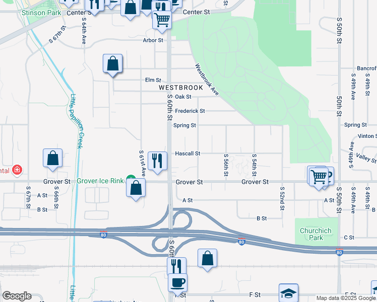 map of restaurants, bars, coffee shops, grocery stores, and more near 5810 Hascall Street in Omaha