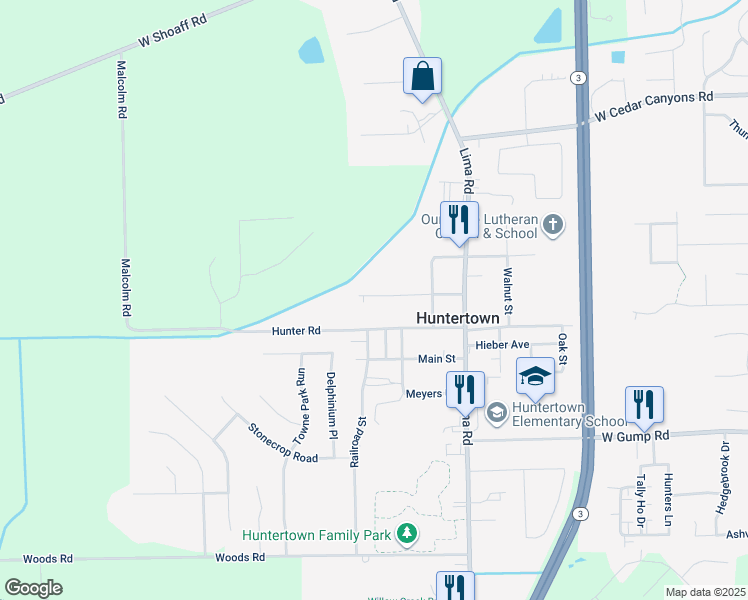 map of restaurants, bars, coffee shops, grocery stores, and more near 2335 Edgerton Street in Huntertown