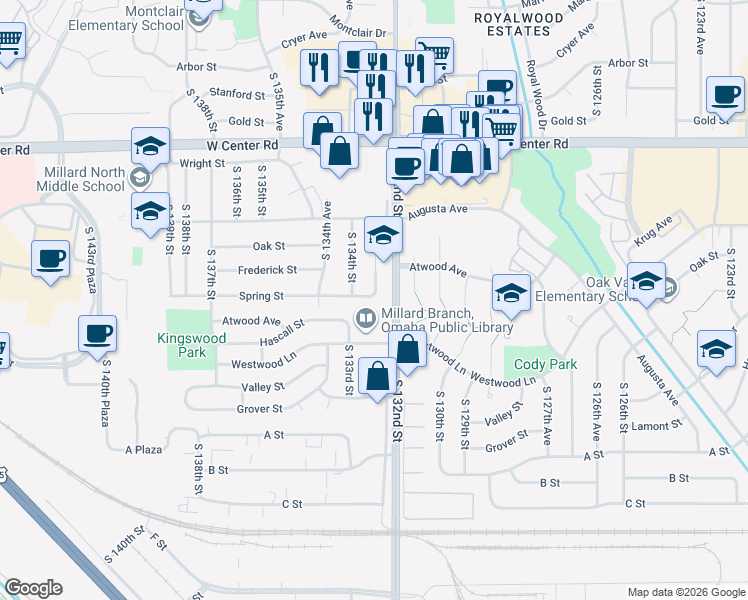 map of restaurants, bars, coffee shops, grocery stores, and more near 13325 Spring Street in Omaha