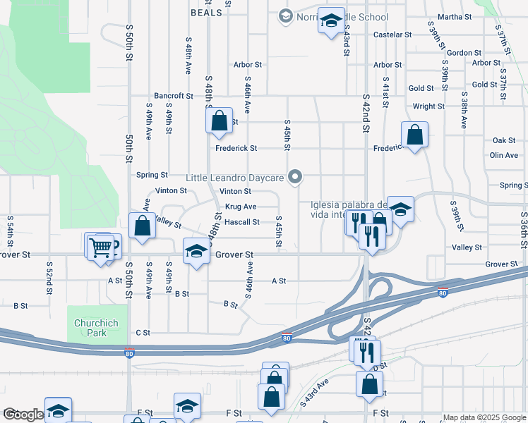 map of restaurants, bars, coffee shops, grocery stores, and more near 4521 Krug Avenue in Omaha