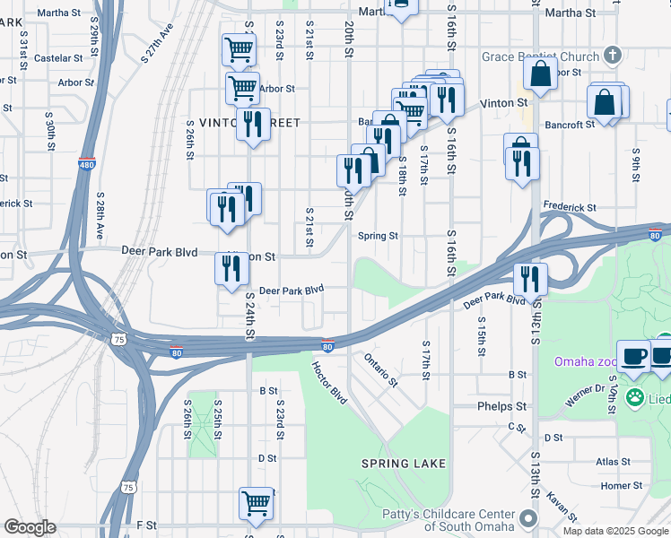 map of restaurants, bars, coffee shops, grocery stores, and more near 2007 Atwood Avenue in Omaha