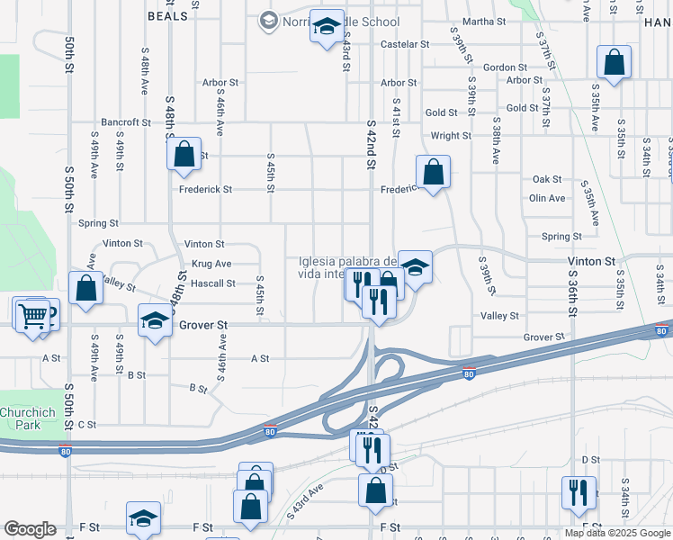map of restaurants, bars, coffee shops, grocery stores, and more near 3206 South 43rd Street in Omaha