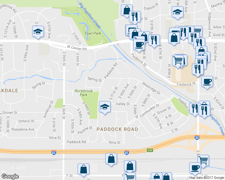 map of restaurants, bars, coffee shops, grocery stores, and more near 9103 Susan Circle in Omaha