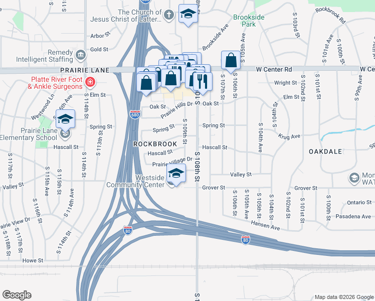 map of restaurants, bars, coffee shops, grocery stores, and more near 3313 South 109th Street in Omaha