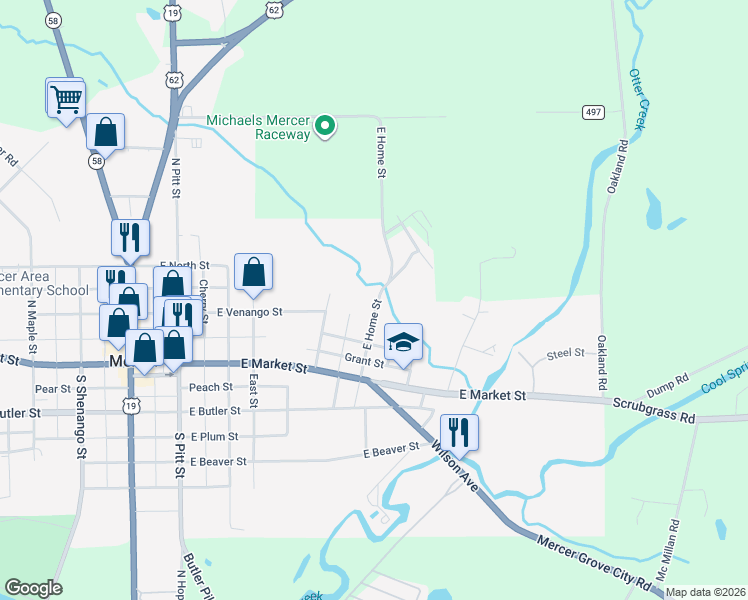 map of restaurants, bars, coffee shops, grocery stores, and more near 325 East Home Street in Mercer