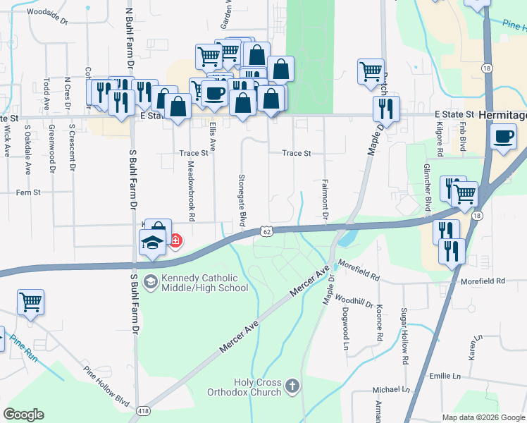map of restaurants, bars, coffee shops, grocery stores, and more near 288 South Kerrwood Drive in Hermitage