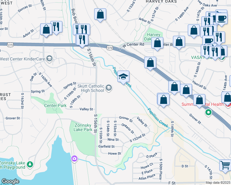 map of restaurants, bars, coffee shops, grocery stores, and more near 3131 South 156th Street in Omaha