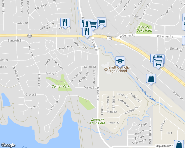 map of restaurants, bars, coffee shops, grocery stores, and more near 3130 South 157th Street in Omaha