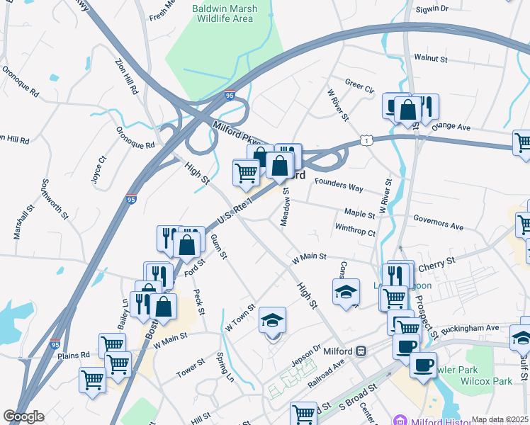 map of restaurants, bars, coffee shops, grocery stores, and more near 142 Maple Street in Milford