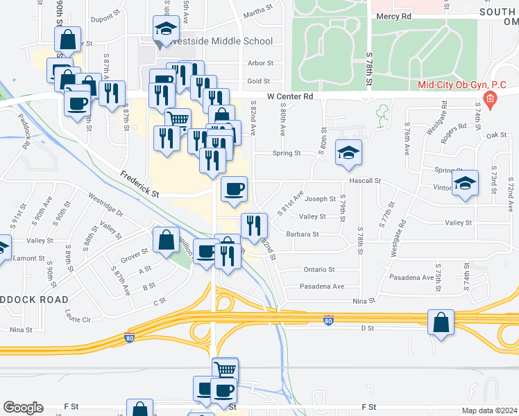 map of restaurants, bars, coffee shops, grocery stores, and more near 3449 South 82nd Avenue in Omaha