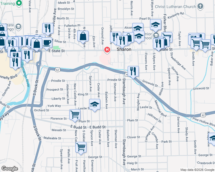 map of restaurants, bars, coffee shops, grocery stores, and more near 285 Baldwin Avenue in Sharon