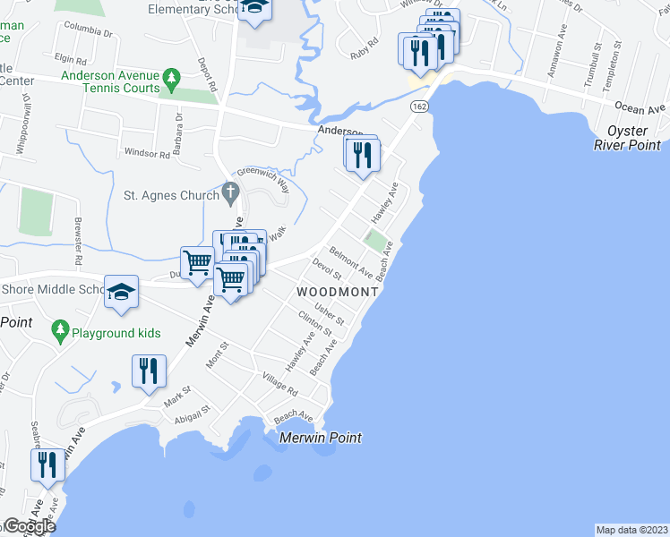 map of restaurants, bars, coffee shops, grocery stores, and more near 16 Devol Street in Milford