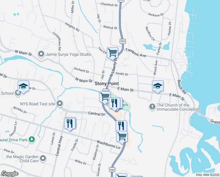 map of restaurants, bars, coffee shops, grocery stores, and more near 86 East Main Street in Stony Point