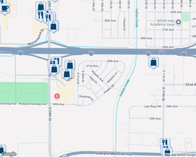 map of restaurants, bars, coffee shops, grocery stores, and more near 3215 Atlantic Avenue in Council Bluffs