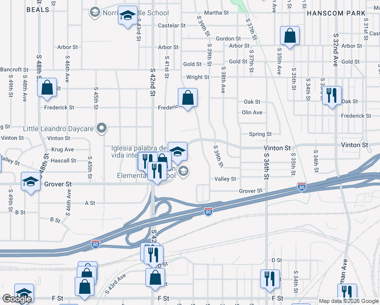 map of restaurants, bars, coffee shops, grocery stores, and more near 4031 Vinton Street in Omaha