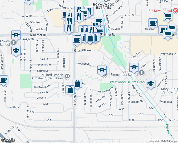 map of restaurants, bars, coffee shops, grocery stores, and more near 3222 South 130th Circle in Omaha