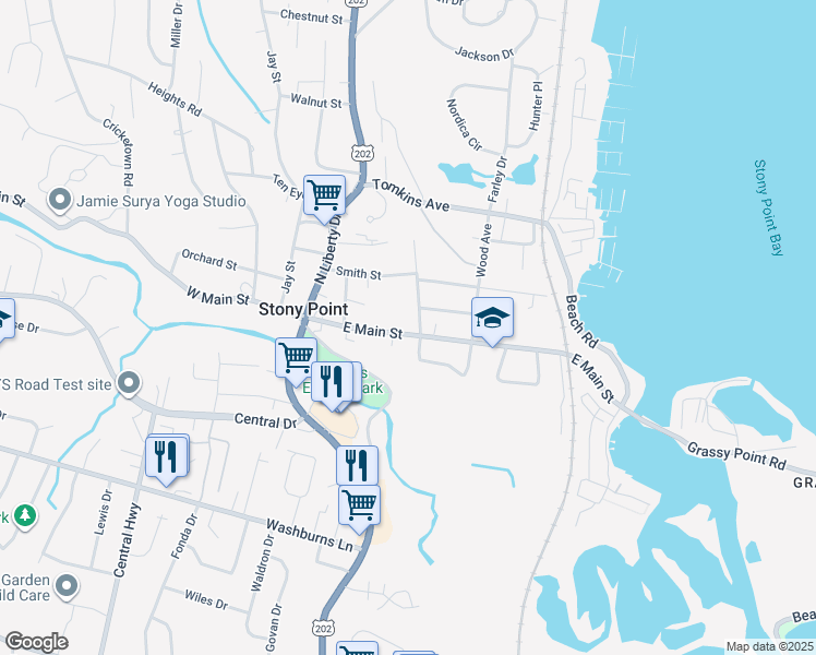 map of restaurants, bars, coffee shops, grocery stores, and more near 55 East Main Street in Stony Point