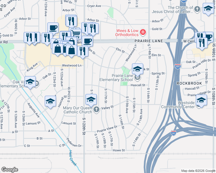 map of restaurants, bars, coffee shops, grocery stores, and more near 3133 South 117th Street in Omaha