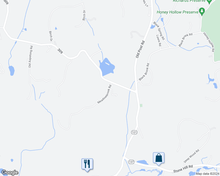 map of restaurants, bars, coffee shops, grocery stores, and more near 2 Meadowbrook Road in Katonah