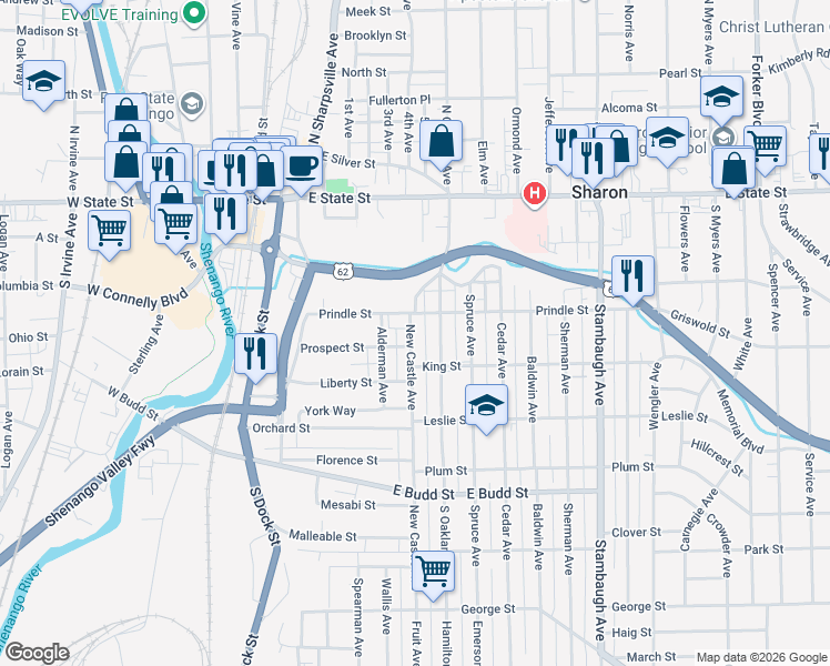 map of restaurants, bars, coffee shops, grocery stores, and more near 279 New Castle Avenue in Sharon