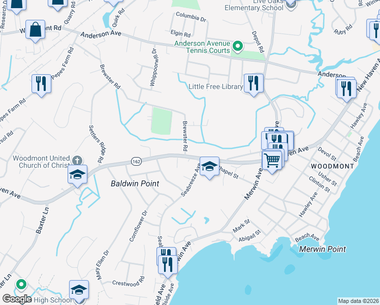 map of restaurants, bars, coffee shops, grocery stores, and more near 5 Brewster Rd in Milford