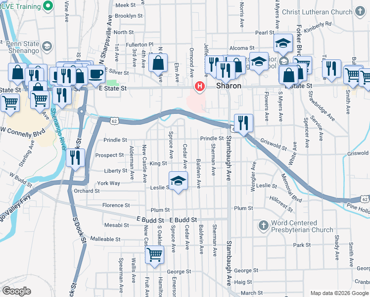 map of restaurants, bars, coffee shops, grocery stores, and more near 288 Cedar Avenue in Sharon