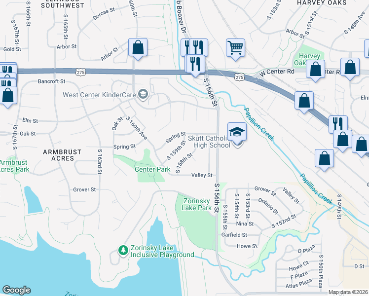 map of restaurants, bars, coffee shops, grocery stores, and more near 3129 South 159th Street in Omaha