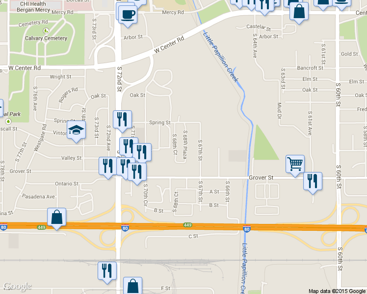 map of restaurants, bars, coffee shops, grocery stores, and more near 3234 South 68th Plaza in Omaha