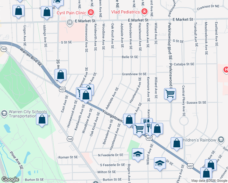 map of restaurants, bars, coffee shops, grocery stores, and more near 976 Adelaide Avenue Southeast in Warren