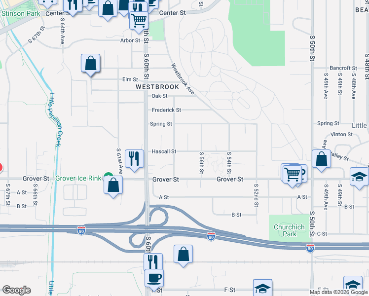 map of restaurants, bars, coffee shops, grocery stores, and more near 3218 S 57th Cir in Omaha