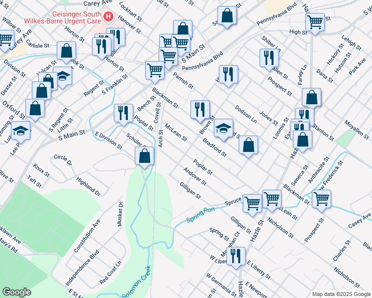 map of restaurants, bars, coffee shops, grocery stores, and more near 223 Brown Street in Wilkes-Barre