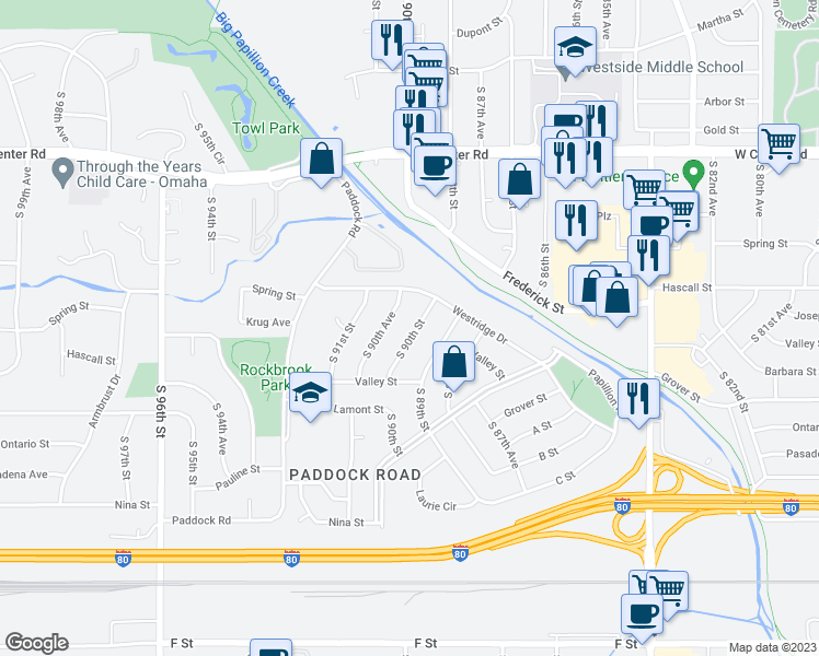 map of restaurants, bars, coffee shops, grocery stores, and more near 3222 South 90th Street in Omaha