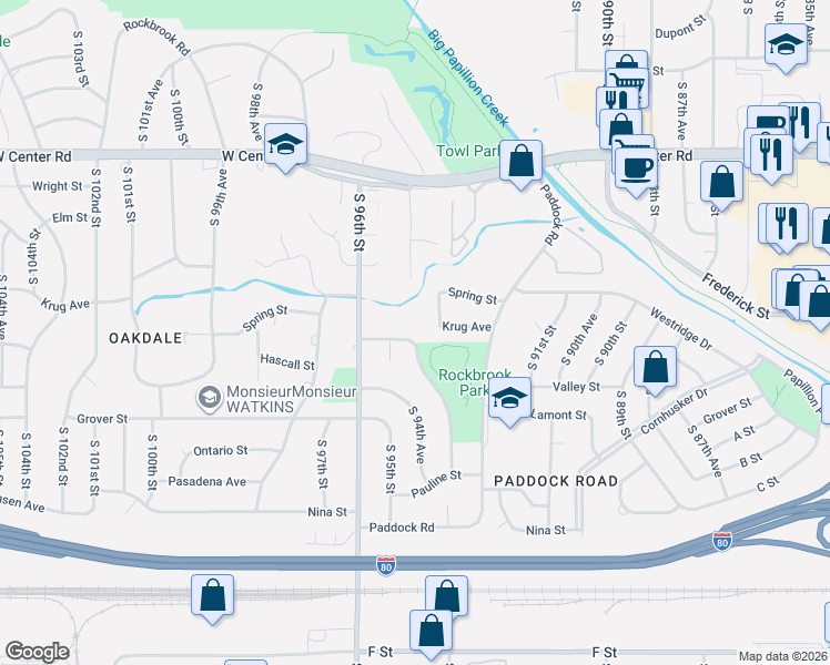 map of restaurants, bars, coffee shops, grocery stores, and more near 9408 Hascall Street in Omaha