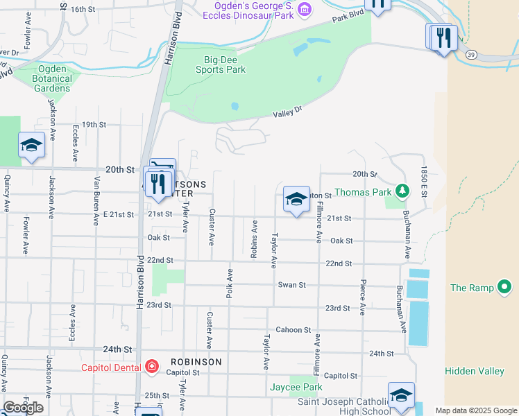 map of restaurants, bars, coffee shops, grocery stores, and more near 2084 Robins Avenue in Ogden