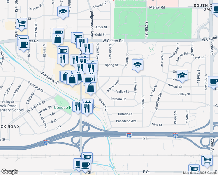 map of restaurants, bars, coffee shops, grocery stores, and more near 3404 South 81st Avenue in Omaha
