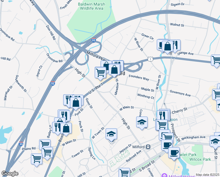 map of restaurants, bars, coffee shops, grocery stores, and more near 142 Maple Street in Milford