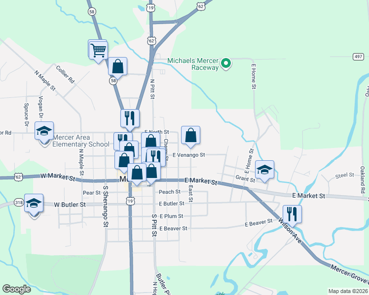 map of restaurants, bars, coffee shops, grocery stores, and more near 365 East Venango Street in Mercer