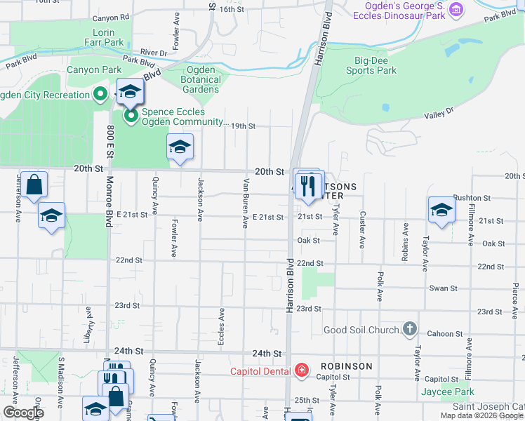 map of restaurants, bars, coffee shops, grocery stores, and more near 1132 East 21st Street in Ogden