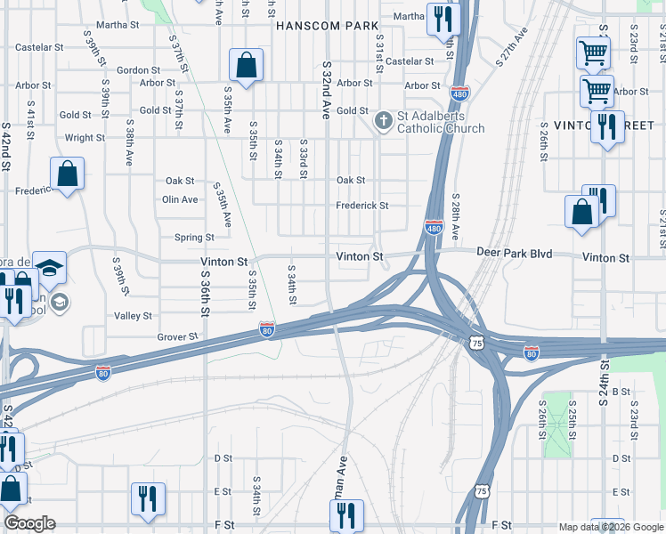 map of restaurants, bars, coffee shops, grocery stores, and more near 3126 Hascall Street in Omaha