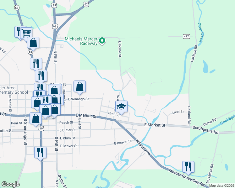 map of restaurants, bars, coffee shops, grocery stores, and more near 325 East Home Street in Mercer