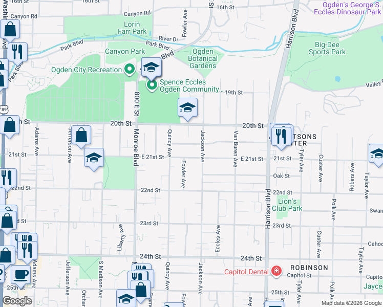 map of restaurants, bars, coffee shops, grocery stores, and more near 960 East 21st Street in Ogden