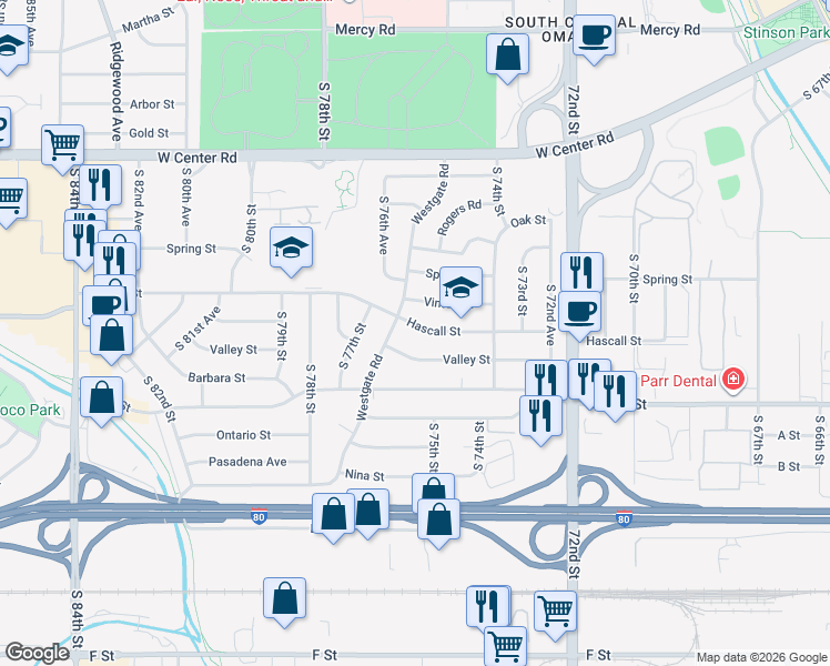 map of restaurants, bars, coffee shops, grocery stores, and more near 7533 Hascall Street in Omaha
