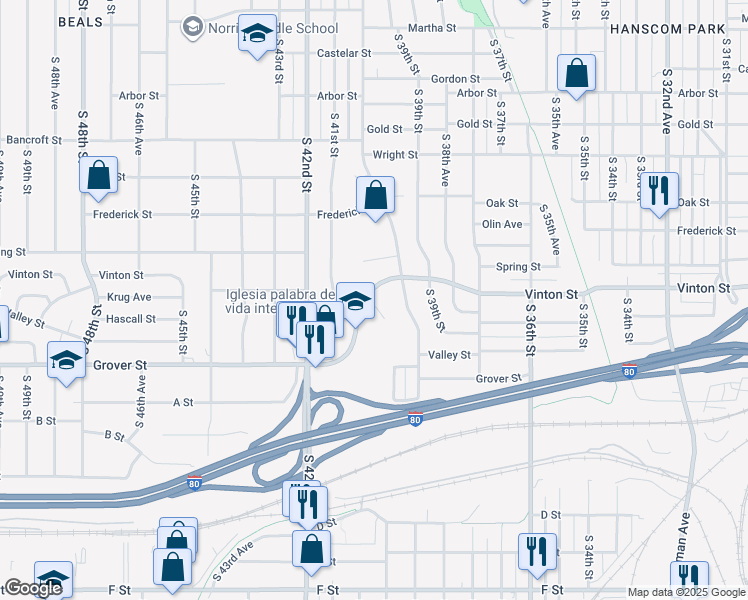 map of restaurants, bars, coffee shops, grocery stores, and more near 4031 Vinton Street in Omaha