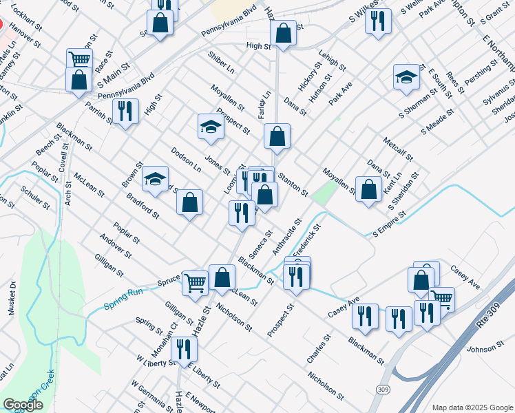 map of restaurants, bars, coffee shops, grocery stores, and more near 445 Hazle Street in Wilkes-Barre