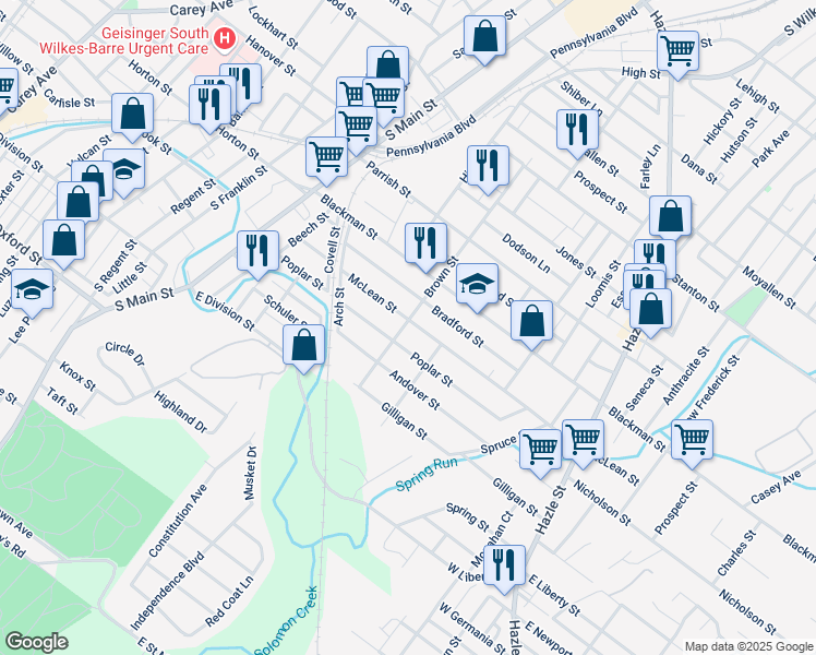 map of restaurants, bars, coffee shops, grocery stores, and more near 223 Brown Street in Wilkes-Barre